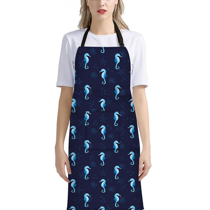 Blue Seahorse Pattern Print Bib Apron With Pocket