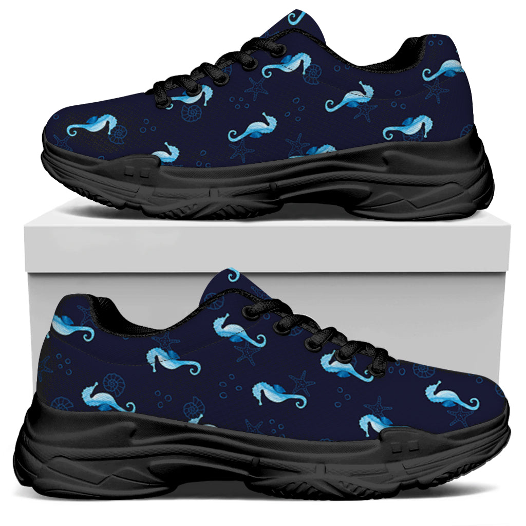 Blue Seahorse Pattern Print Black Chunky Shoes