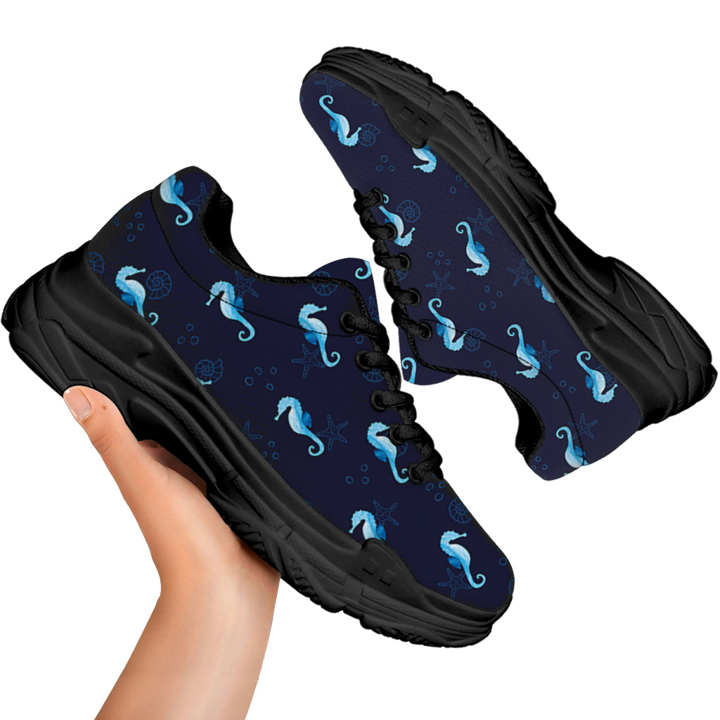 Blue Seahorse Pattern Print Black Chunky Shoes