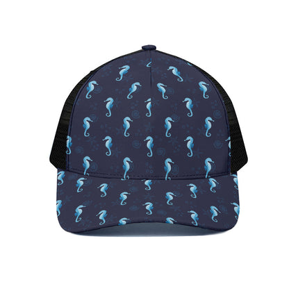 Blue Seahorse Pattern Print Black Mesh Trucker Cap