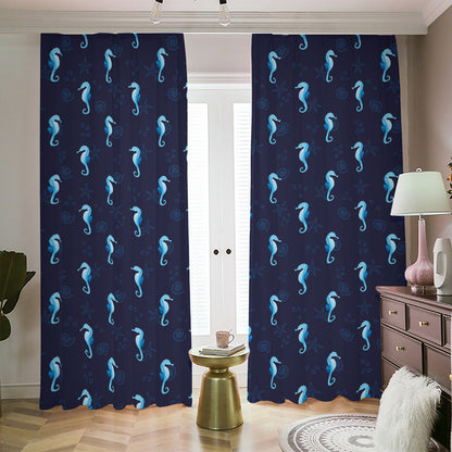 Blue Seahorse Pattern Print Blackout Pencil Pleat Curtains