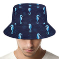 Blue Seahorse Pattern Print Bucket Hat