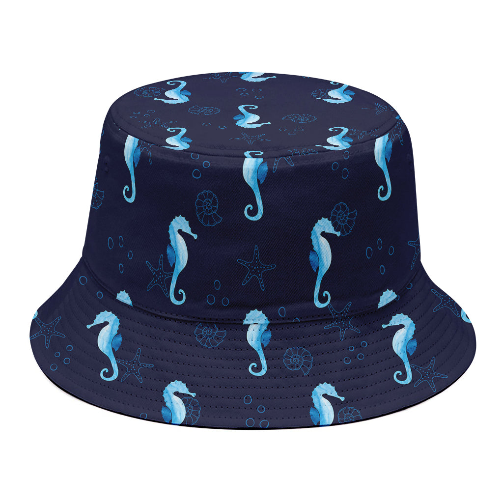 Blue Seahorse Pattern Print Bucket Hat