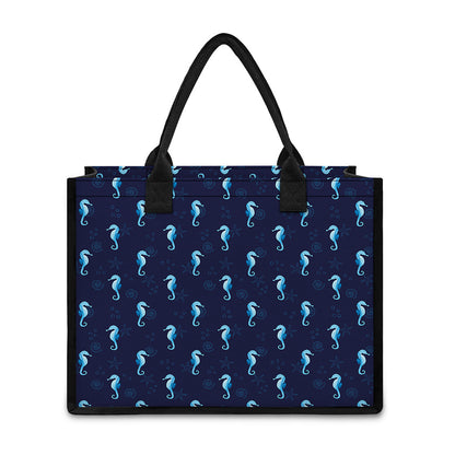 Blue Seahorse Pattern Print Canvas Tote Bag