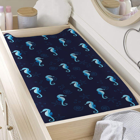 Blue Seahorse Pattern Print Changing Pad Cover