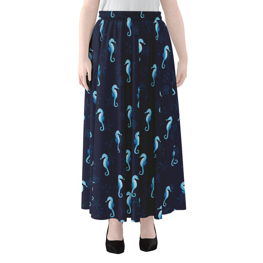 Blue Seahorse Pattern Print Chiffon Maxi Skirt