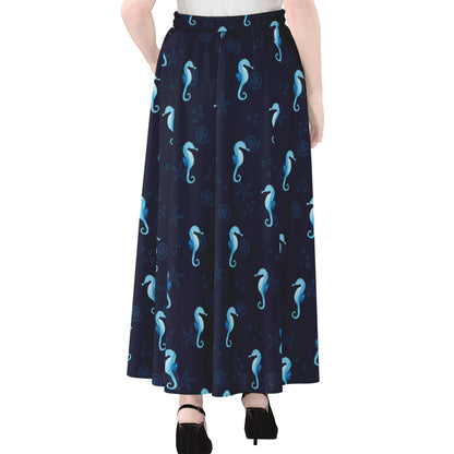 Blue Seahorse Pattern Print Chiffon Maxi Skirt