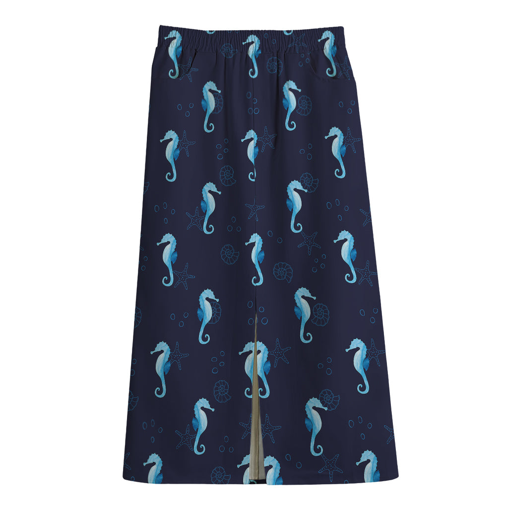 Blue Seahorse Pattern Print Cotton Front Slit Maxi Skirt