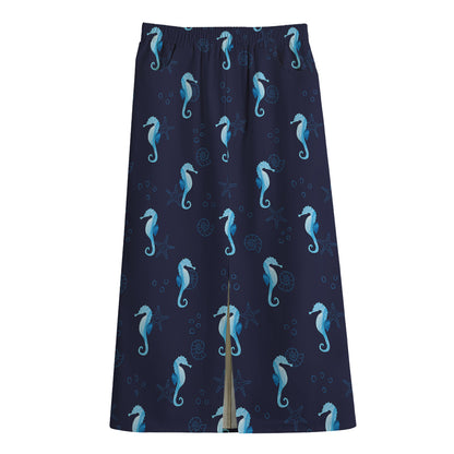 Blue Seahorse Pattern Print Cotton Front Slit Maxi Skirt