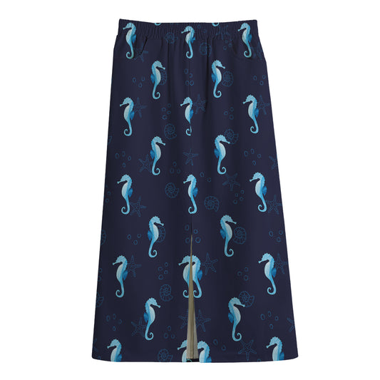 Blue Seahorse Pattern Print Cotton Front Slit Maxi Skirt
