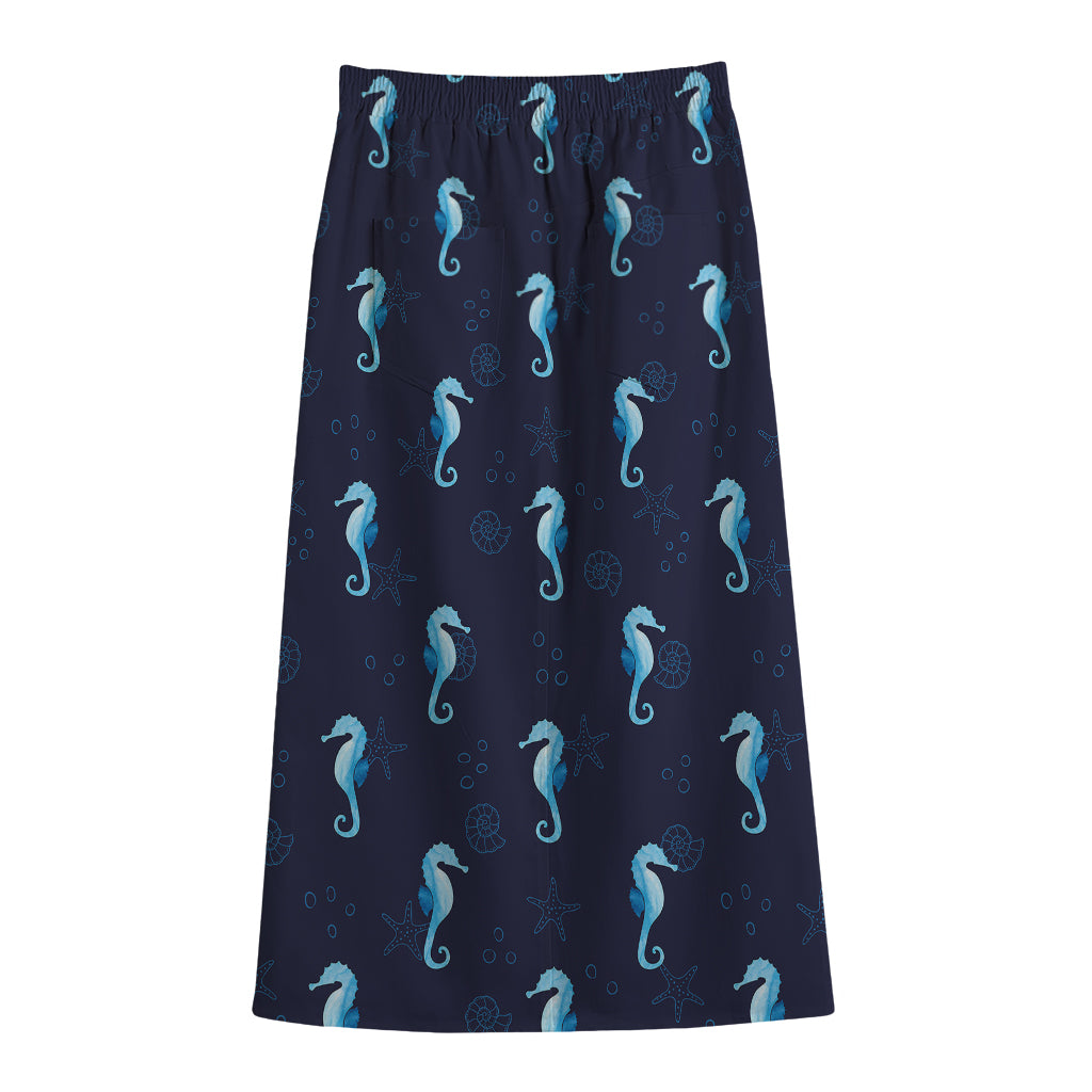 Blue Seahorse Pattern Print Cotton Front Slit Maxi Skirt