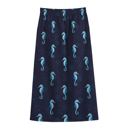 Blue Seahorse Pattern Print Cotton Front Slit Maxi Skirt