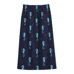 Blue Seahorse Pattern Print Cotton Front Slit Maxi Skirt
