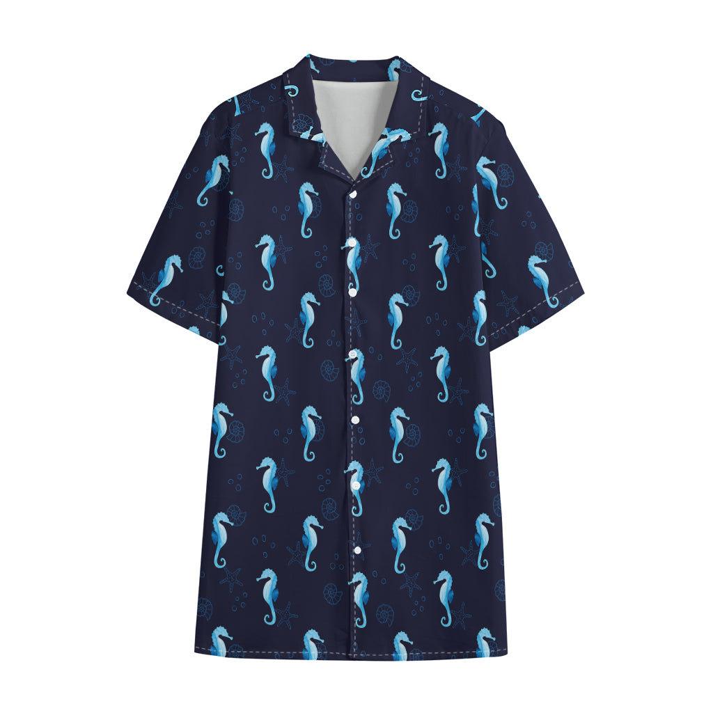 Blue Seahorse Pattern Print Cotton Hawaiian Shirt