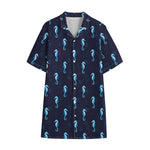 Blue Seahorse Pattern Print Cotton Hawaiian Shirt