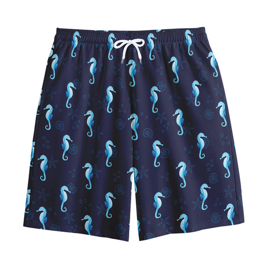 Blue Seahorse Pattern Print Cotton Shorts