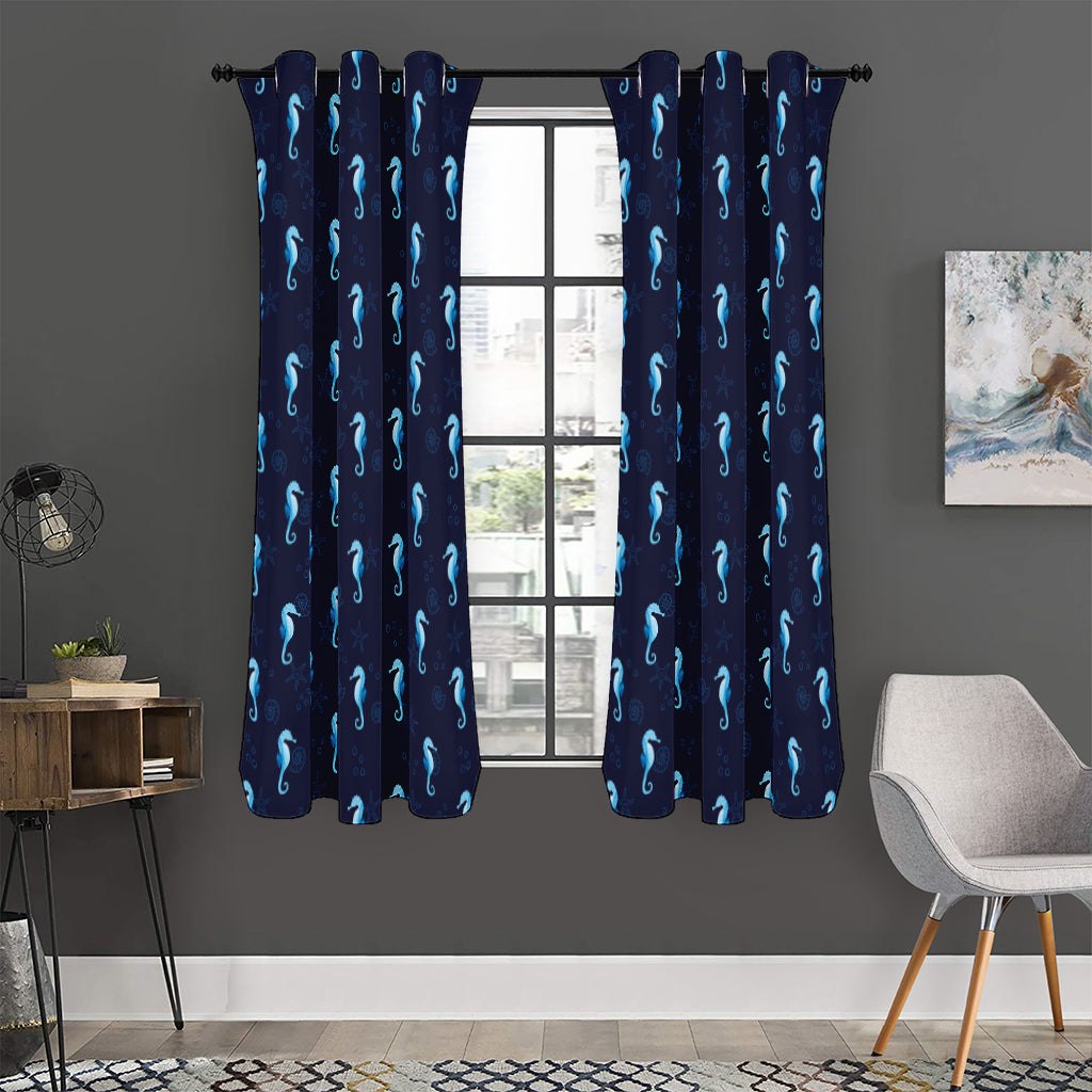 Blue Seahorse Pattern Print Curtain