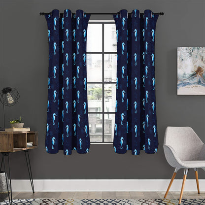 Blue Seahorse Pattern Print Curtain