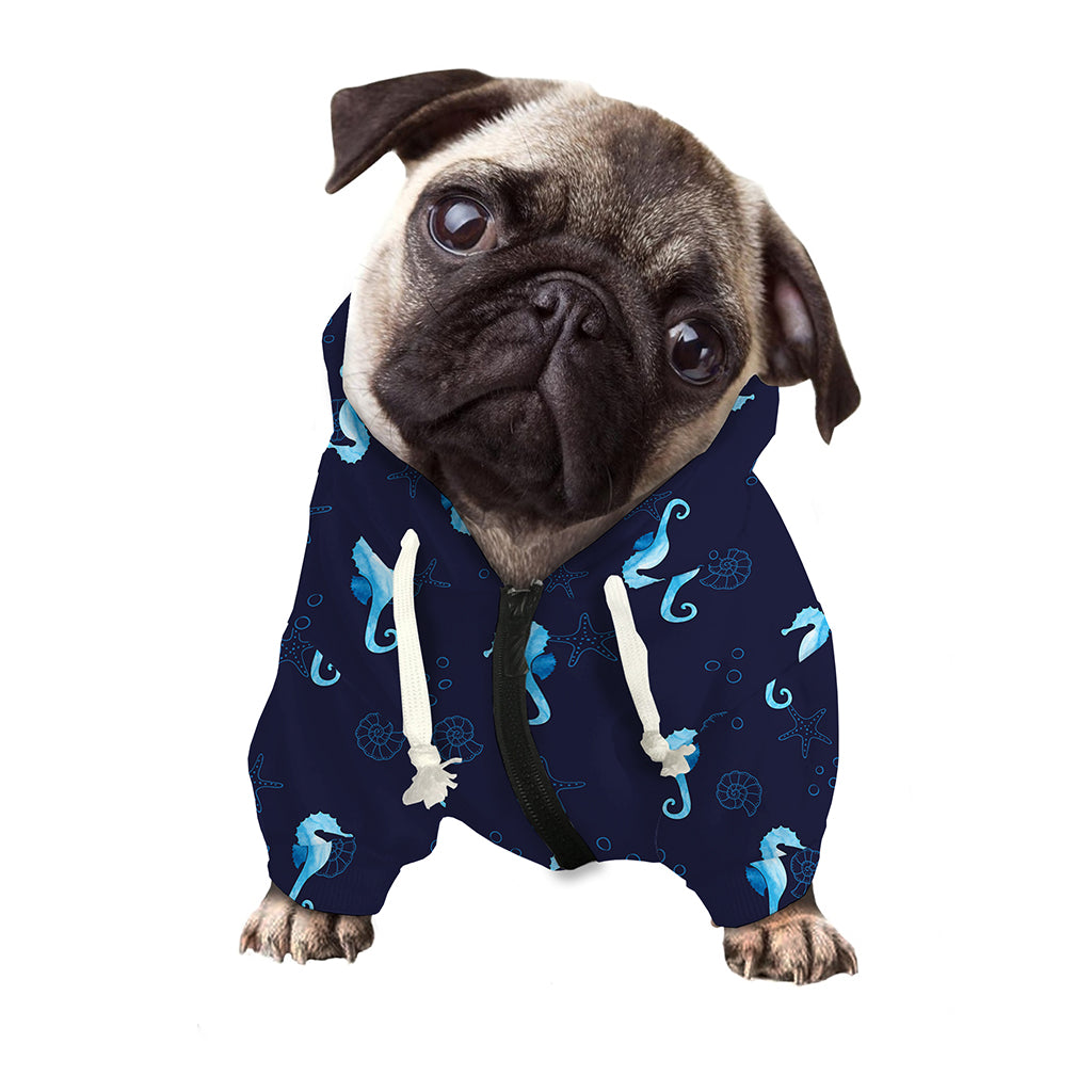 Blue Seahorse Pattern Print Dog Zip Up Hoodie