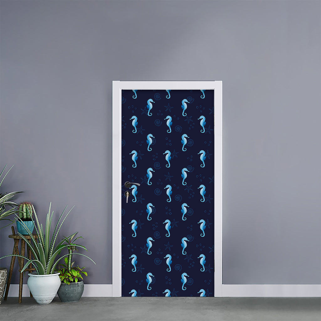 Blue Seahorse Pattern Print Door Sticker