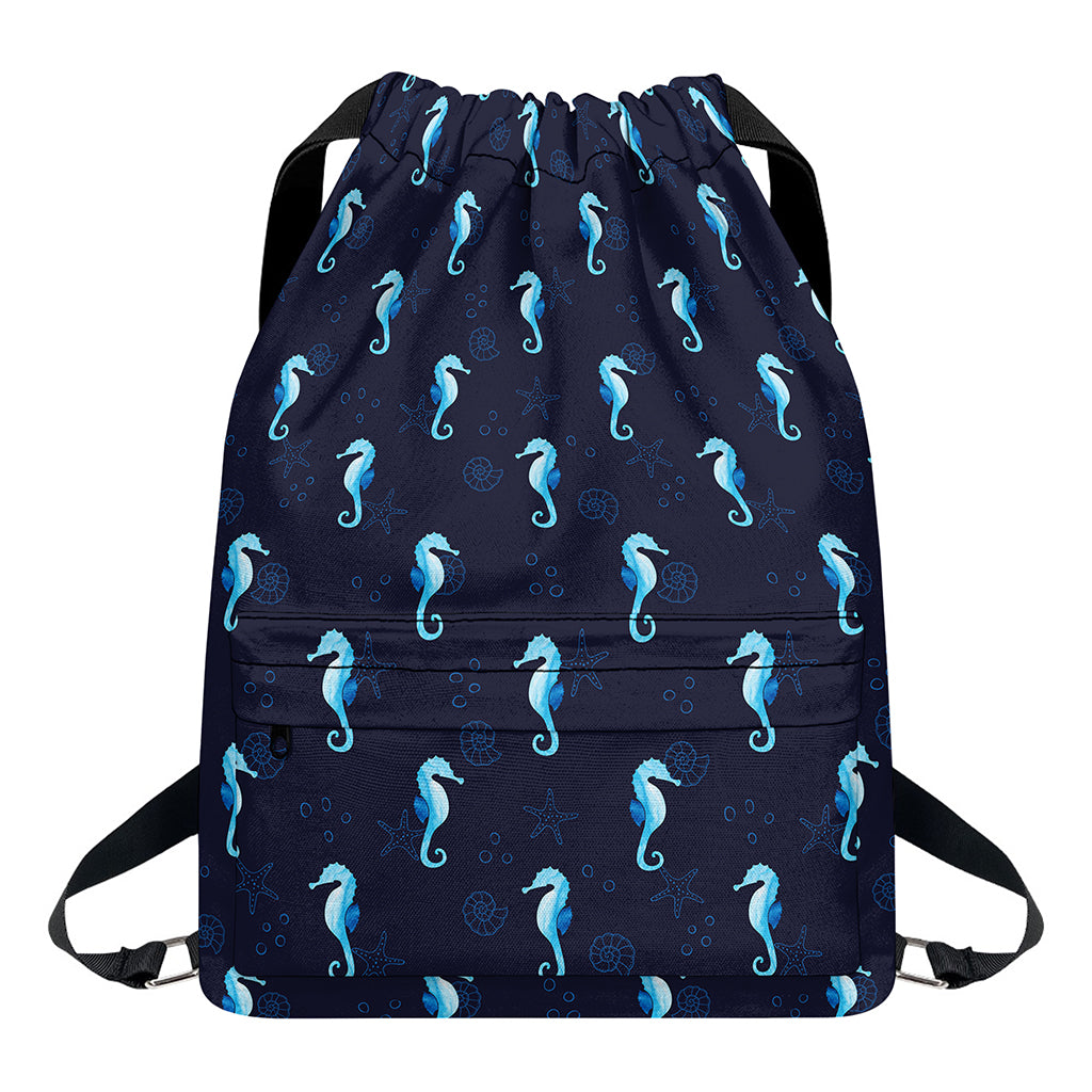 Blue Seahorse Pattern Print Drawstring Backpack