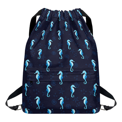 Blue Seahorse Pattern Print Drawstring Backpack