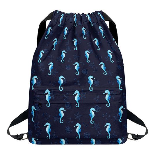 Blue Seahorse Pattern Print Drawstring Backpack
