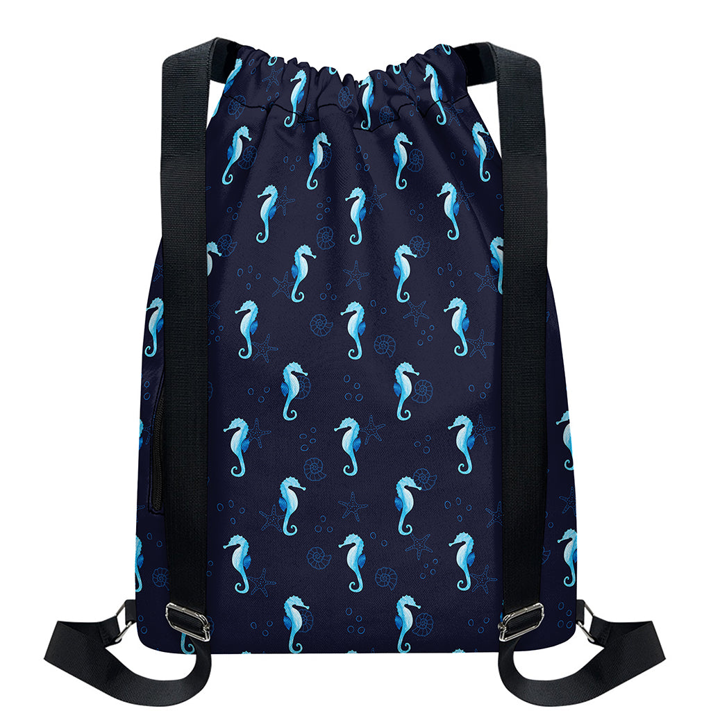 Blue Seahorse Pattern Print Drawstring Backpack