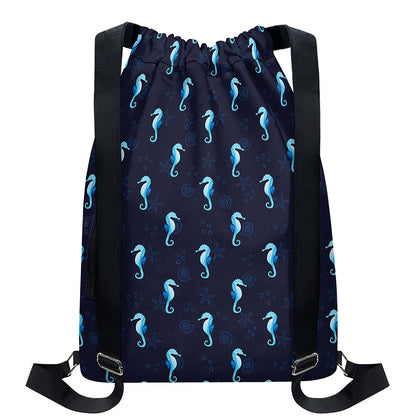 Blue Seahorse Pattern Print Drawstring Backpack