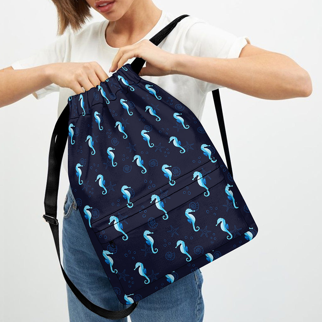 Blue Seahorse Pattern Print Drawstring Backpack