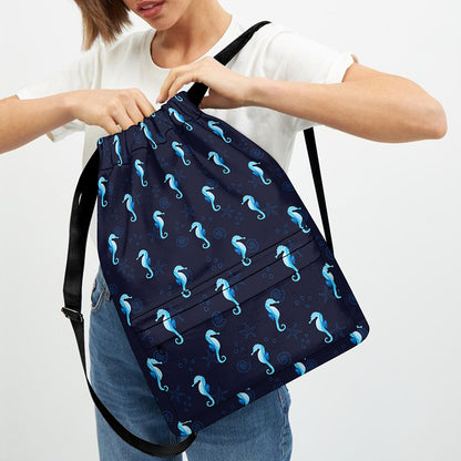 Blue Seahorse Pattern Print Drawstring Backpack