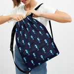 Blue Seahorse Pattern Print Drawstring Backpack