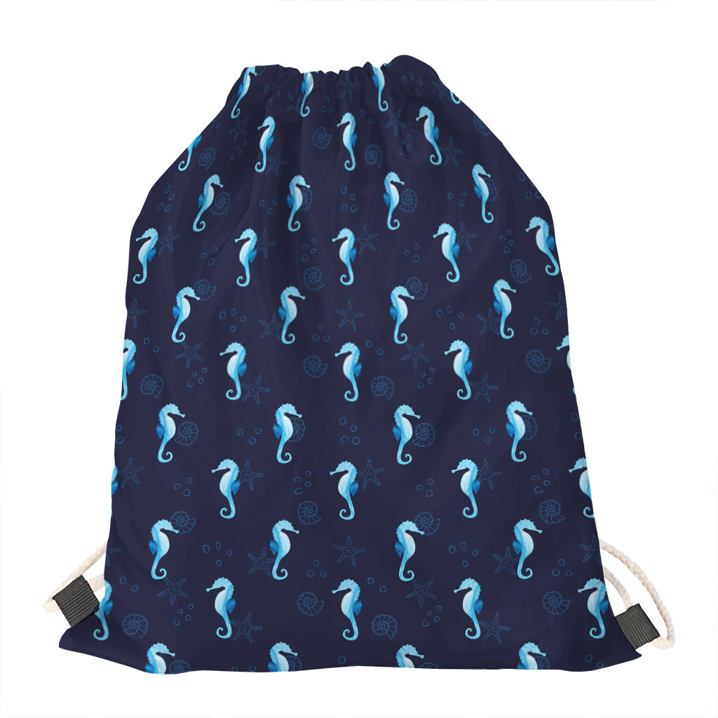 Blue Seahorse Pattern Print Drawstring Bag