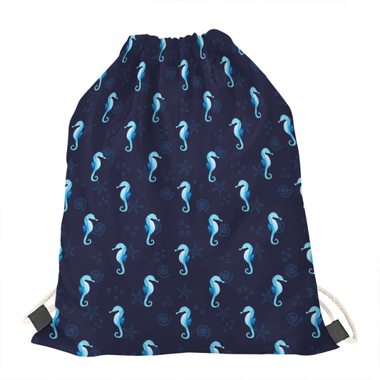 Blue Seahorse Pattern Print Drawstring Bag
