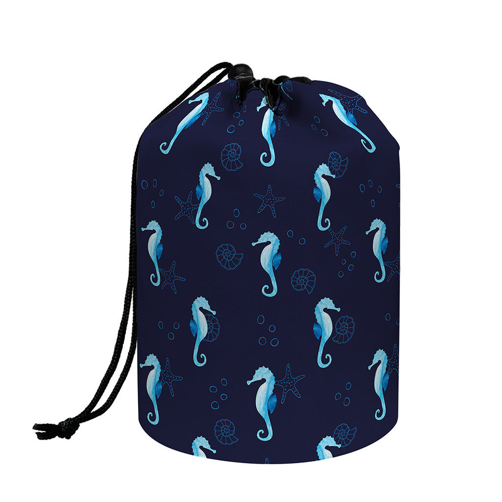 Blue Seahorse Pattern Print Drawstring Makeup Bag