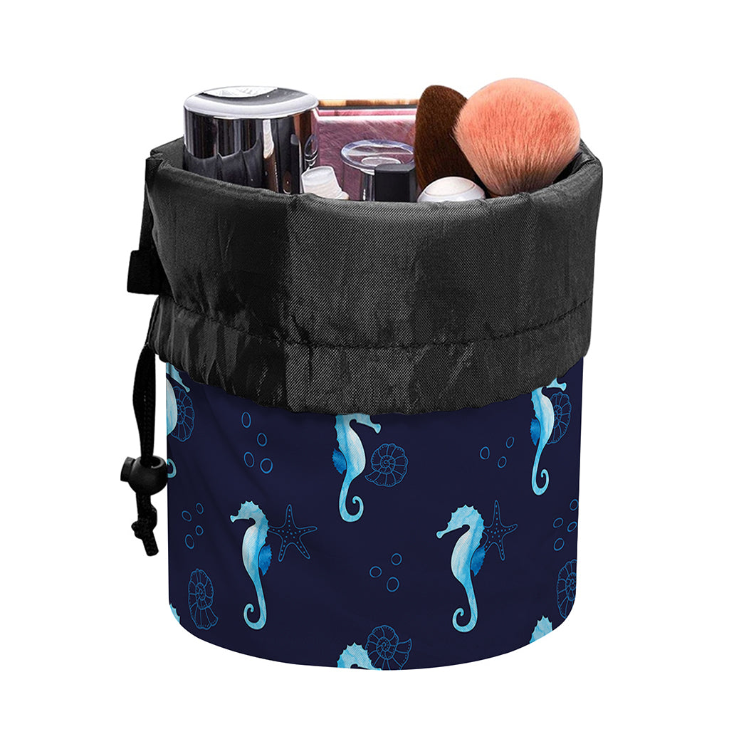 Blue Seahorse Pattern Print Drawstring Makeup Bag