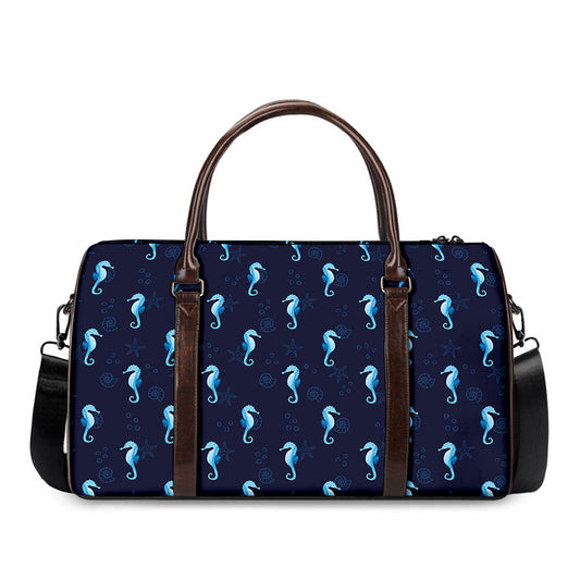 Blue Seahorse Pattern Print Duffle Bag