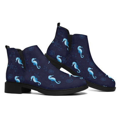 Blue Seahorse Pattern Print Flat Ankle Boots