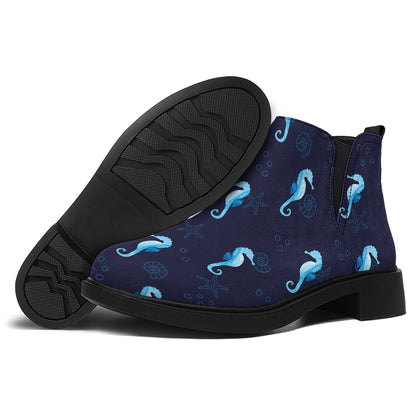 Blue Seahorse Pattern Print Flat Ankle Boots