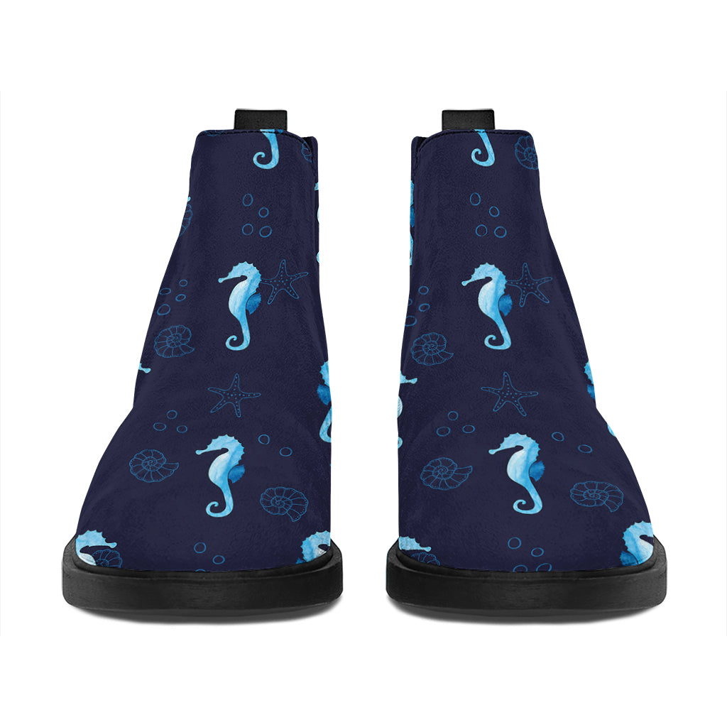 Blue Seahorse Pattern Print Flat Ankle Boots