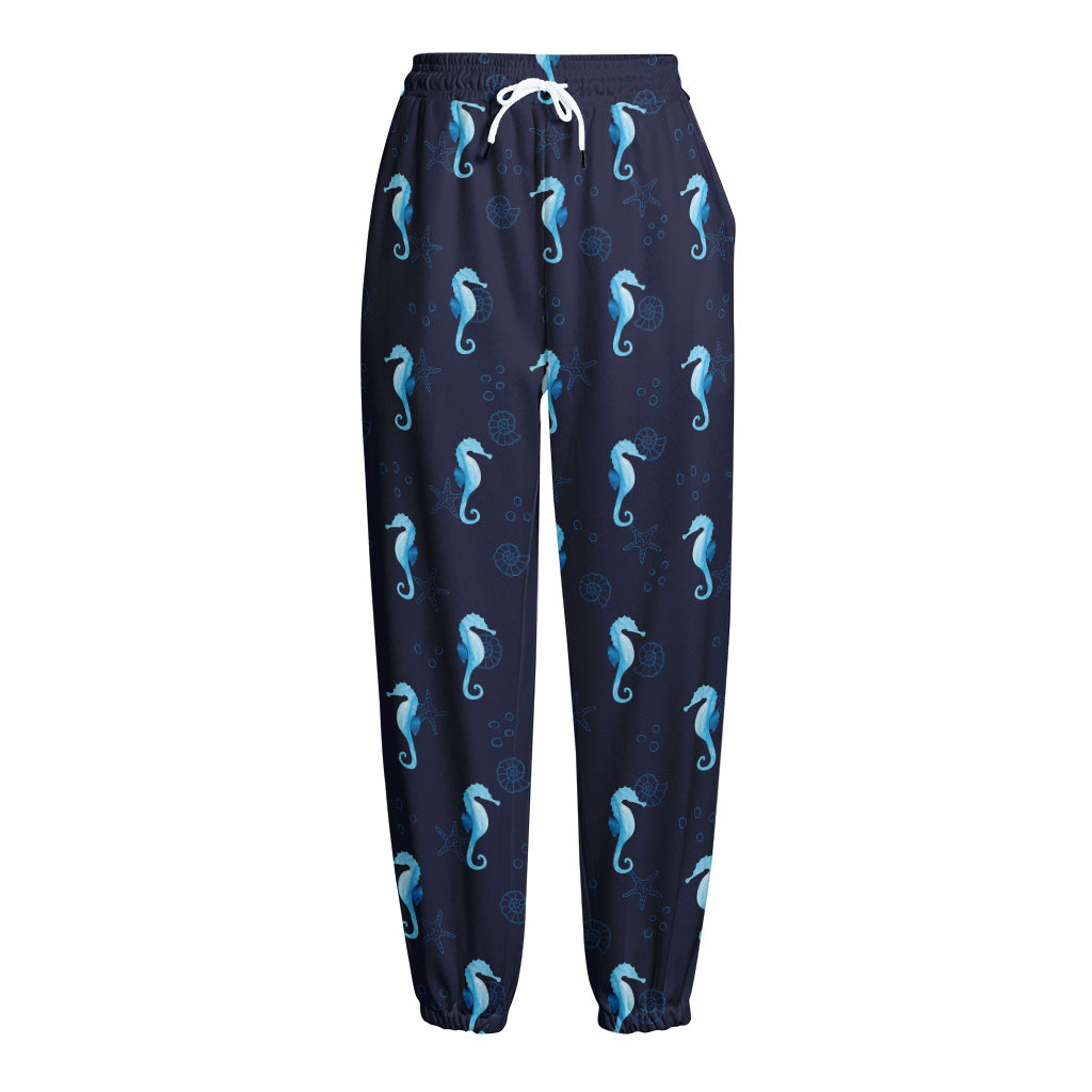 Blue Seahorse Pattern Print Fleece Lined Knit Pants