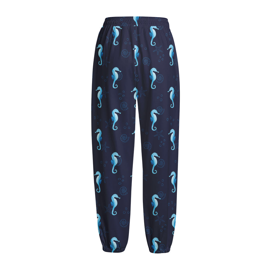 Blue Seahorse Pattern Print Fleece Lined Knit Pants