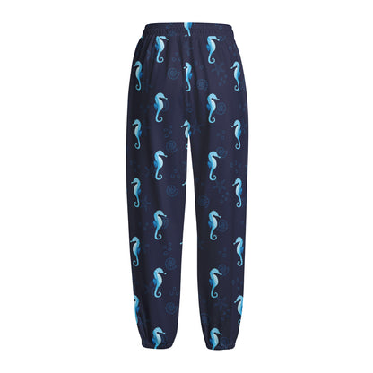 Blue Seahorse Pattern Print Fleece Lined Knit Pants