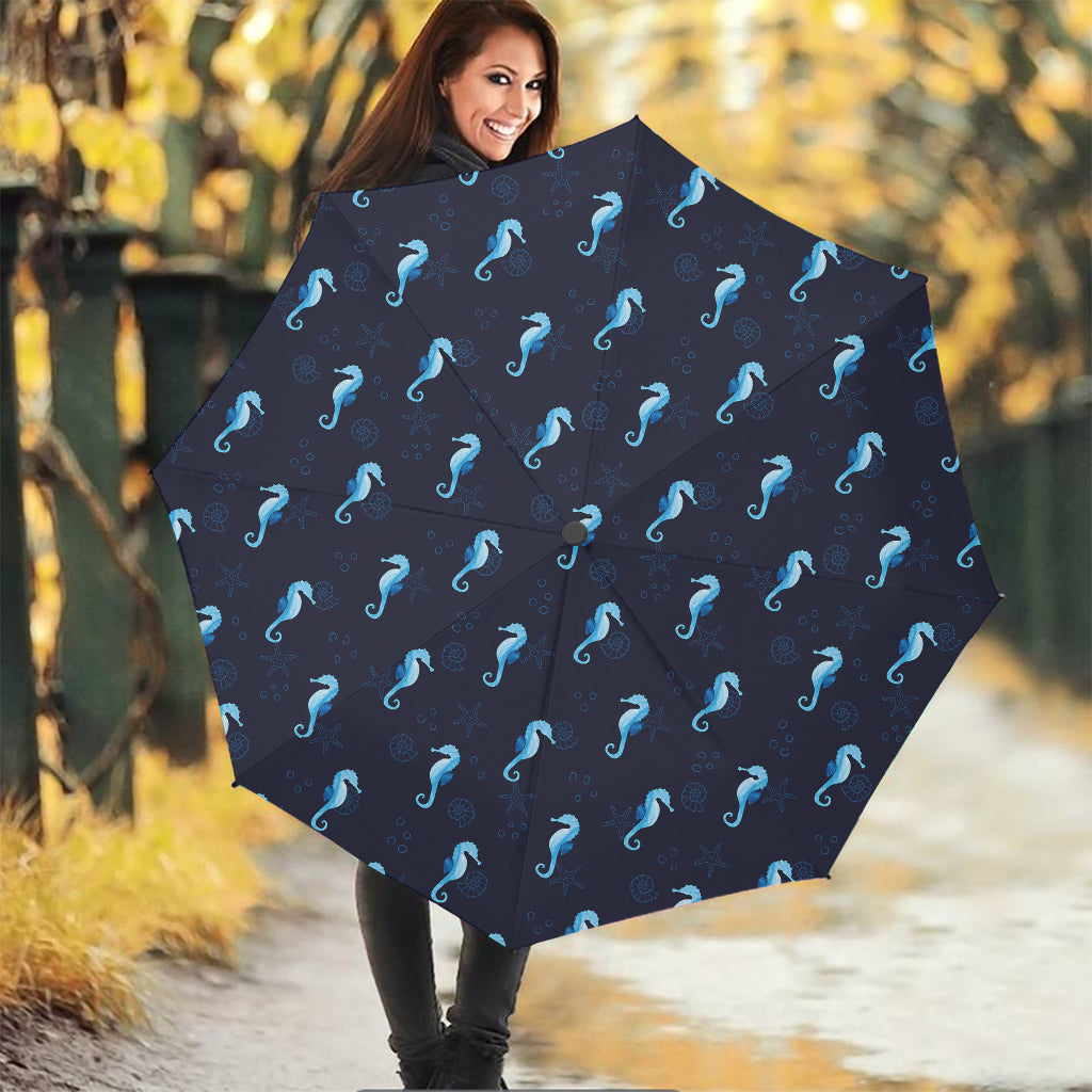 Blue Seahorse Pattern Print Foldable Umbrella