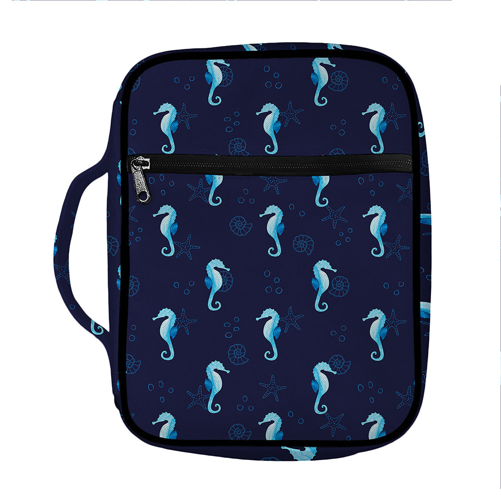 Blue Seahorse Pattern Print Front Pocket Bible Bag