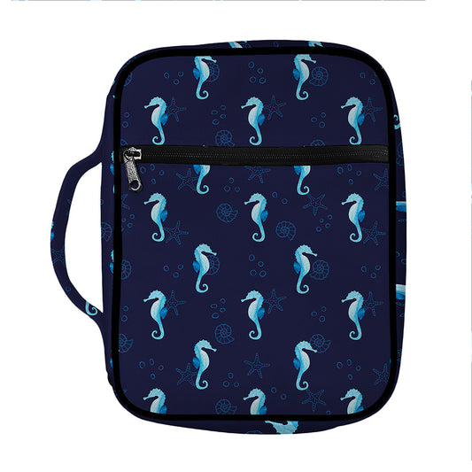 Blue Seahorse Pattern Print Front Pocket Bible Bag