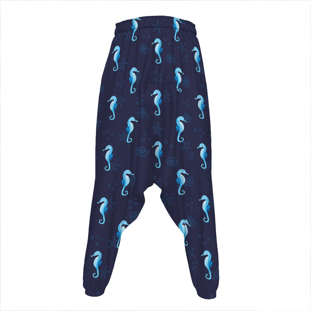 Blue Seahorse Pattern Print Hammer Pants
