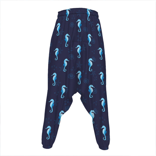 Blue Seahorse Pattern Print Hammer Pants