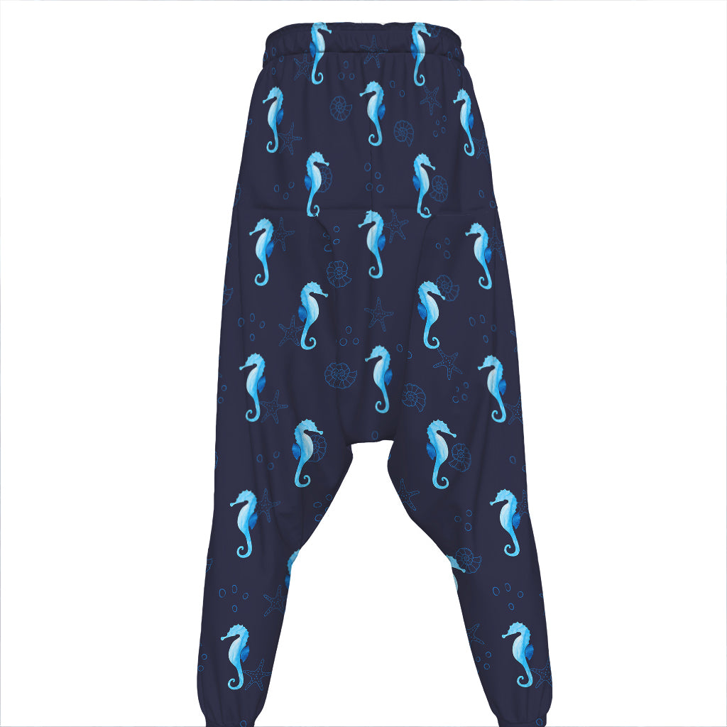 Blue Seahorse Pattern Print Hammer Pants