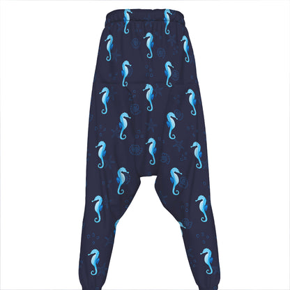 Blue Seahorse Pattern Print Hammer Pants